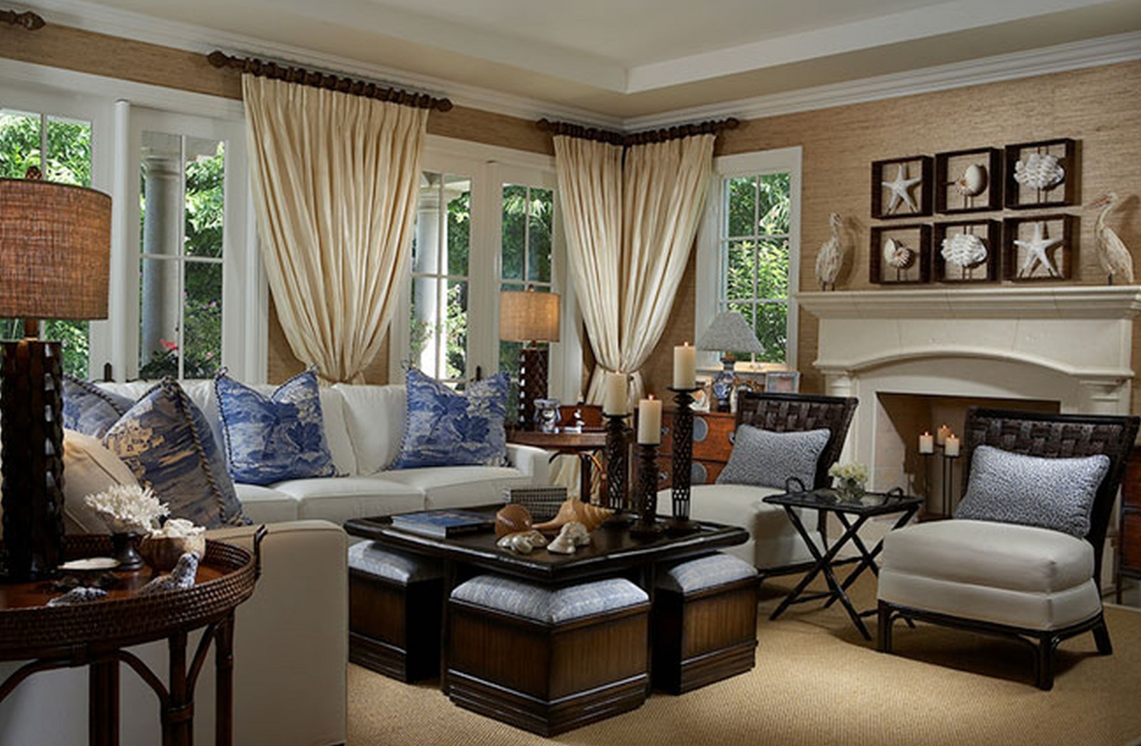 brown living room blue accents