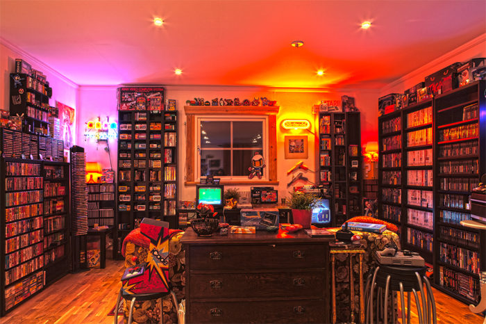 A gaming room filled with video games.