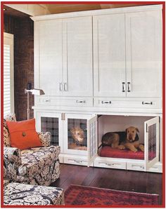 A dog-friendly living room with a dog kennel.