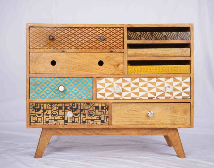 A colorful wooden chest of drawers, an eye-catching conversation piece.