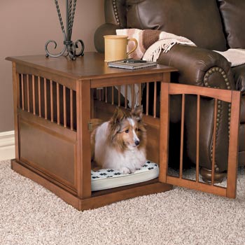 A pet-friendly living room with a dog crate.