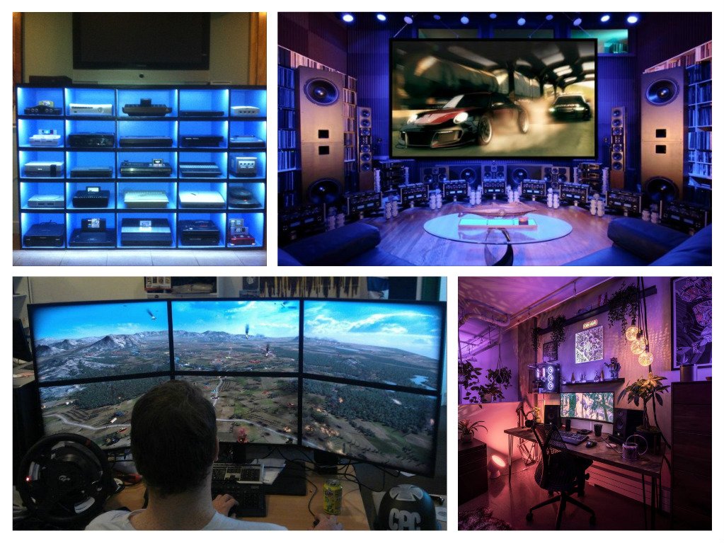 A collage of pictures showing a man playing video games in a gaming room.