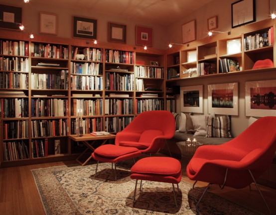 A classic living room with bookshelves.