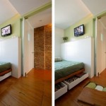 Two pictures of a small bedroom with hidden storage area.