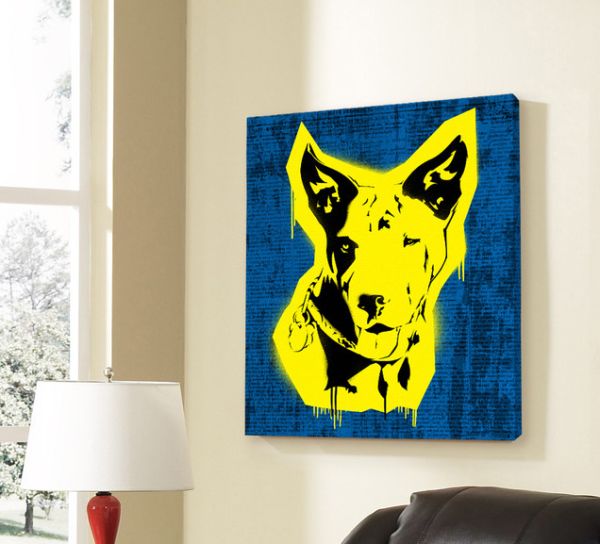 A wall design featuring a painting of a dog in blue and yellow.