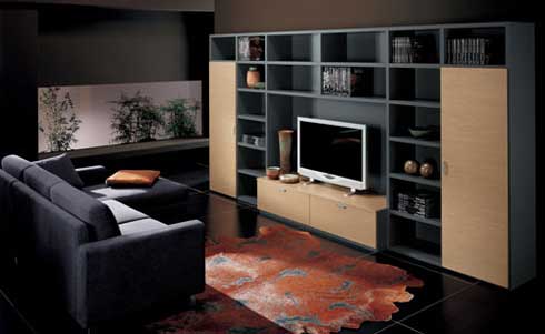 A living room with an entertainment center.