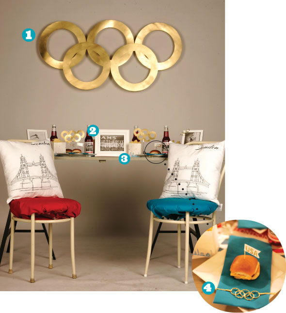 An olympic ring hanging on a wall.