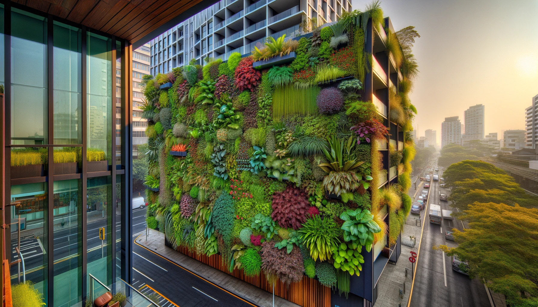 Urban building with lush vertical garden, cityscape background.