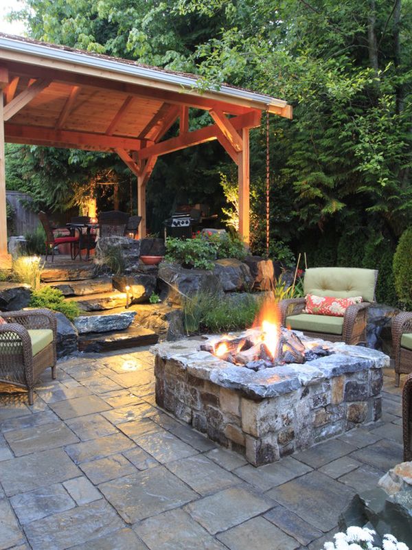 A backyard with a fire pit and patio furniture, perfect for outdoor gatherings.