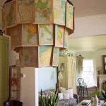 An old map chandelier hanging in a world traveler-inspired living room.