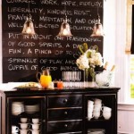 A dining room with a chalkboard wall.