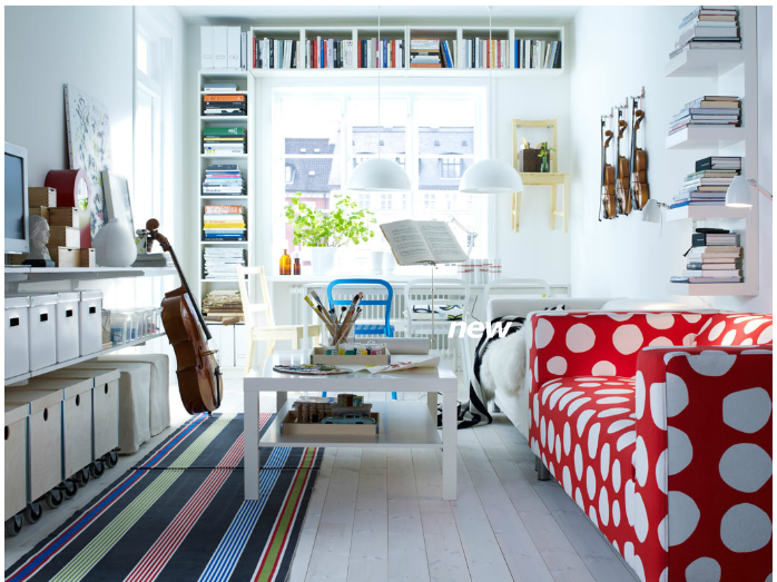 A red and white polka dot rug with a built-in bookcase.