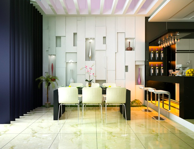 A modern dining room with white walls, built-in bookcase, and a bar.