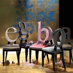 A group of unique chairs with letters on them for dining with flair.