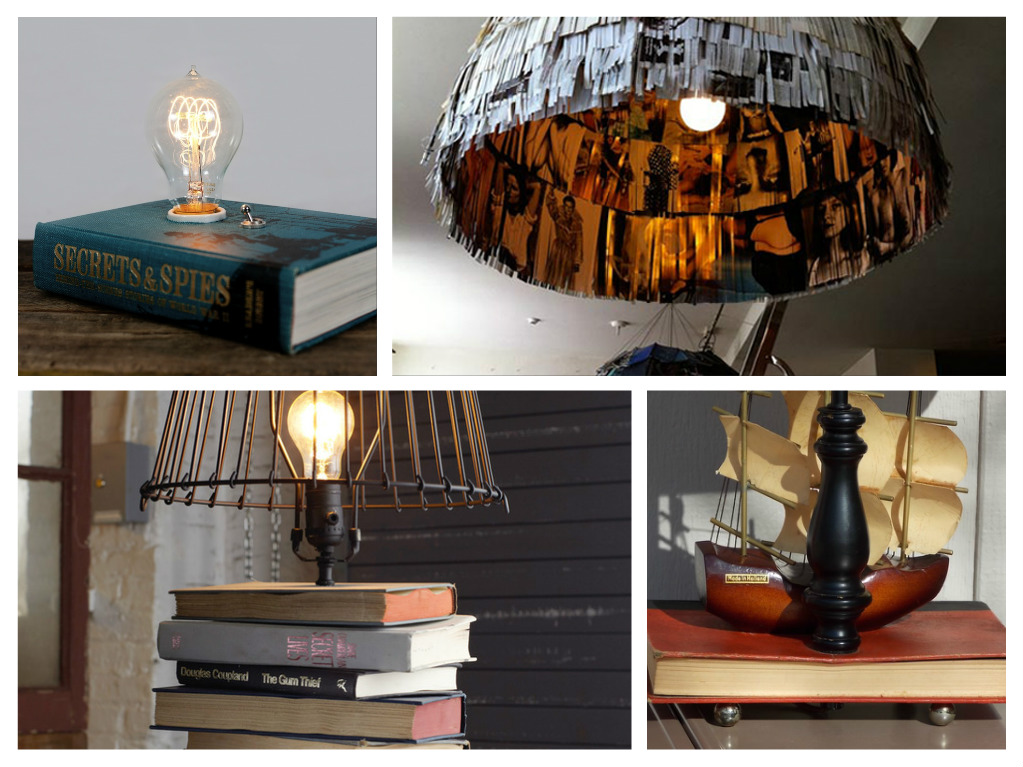 A collage of pictures featuring books as design elements and a lamp shade.