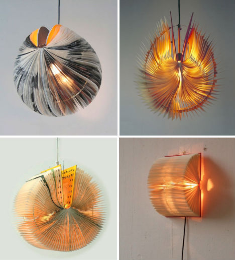 A series of pictures featuring book-inspired lamps.