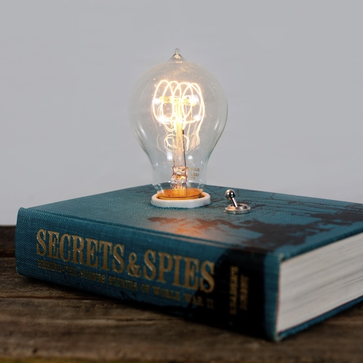 A light bulb incorporating books as design elements.
