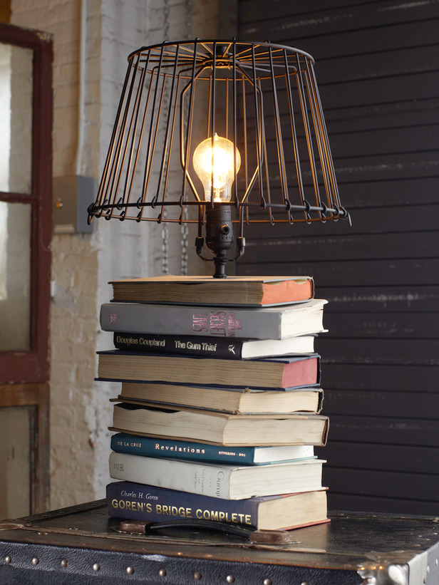 A lamp incorporating books as design elements.