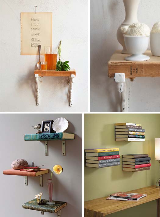 A collection of pictures showcasing books as design elements on shelves.