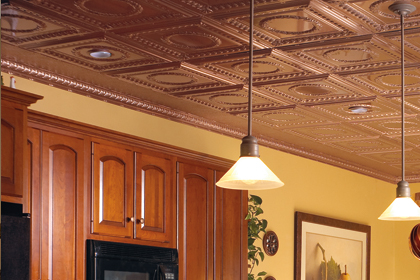 A kitchen with a brown ceiling and wooden cabinets featuring unique ceiling ideas.