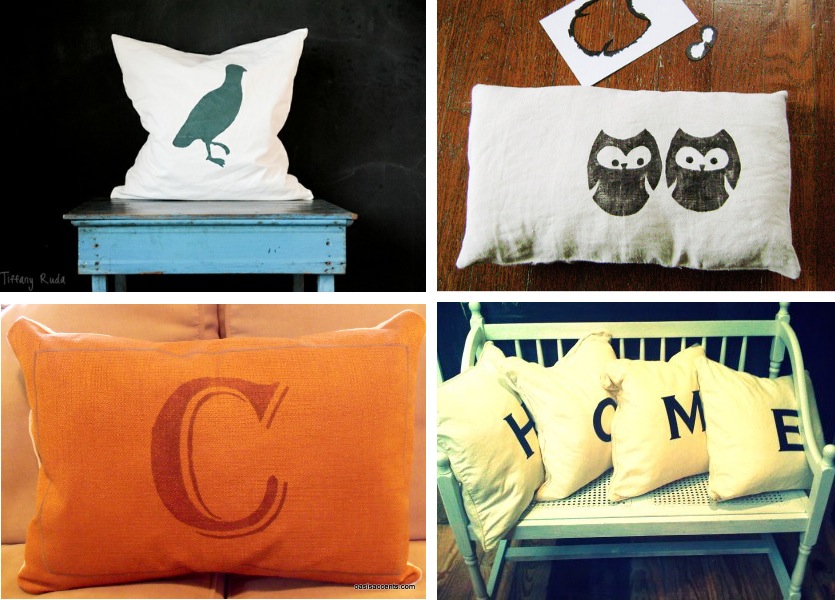 A DIY collage of pillows with owls and letters on them.