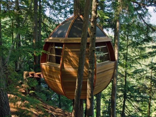 A forest treehouse with unique designs.