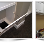 Two pictures of a kitchen with cabinets and a sink, including a laundry chute.