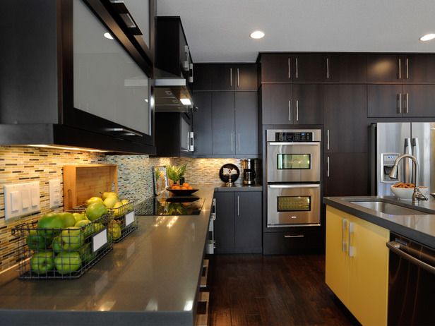A kitchen with yellow counter tops.