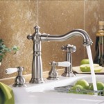 A kitchen sink with a stylish faucet featuring an apple in the sink.