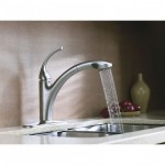 An image of a kitchen faucet with water coming out, showcasing one of the top 15 best looking kitchen faucets.