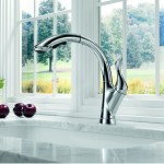 A kitchen faucet featuring one of the top 15 best looking designs against a window backdrop.