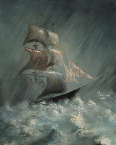 A painting of a sailing ship braving a storm with bad luck.