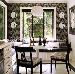 A black and white dining room featuring Fall 2014 design trends.