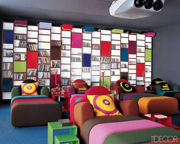 A fun living room with colorful furniture.
