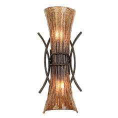 A metal-framed wall sconce with a glass shade, perfect for a powder room.