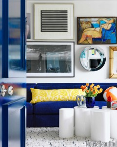 A blue couch in an apartment living room.