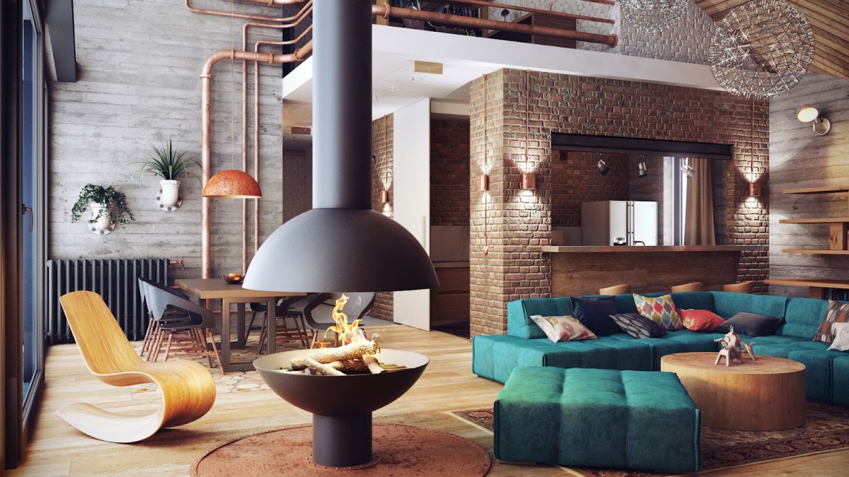 An industrial loft with a fire place.