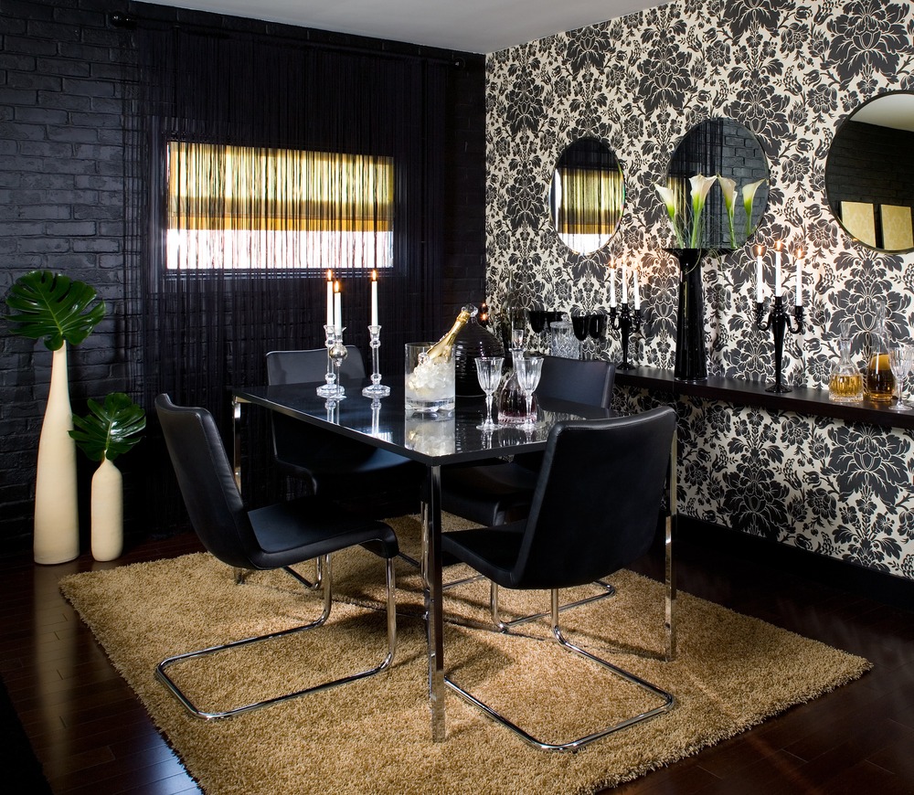 A monochrome dining room.