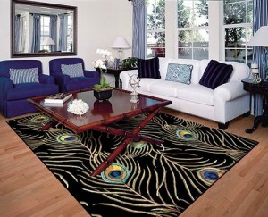 Beautiful-peacock-area-rug-blue-and-white-sofa-living-room-decor-ideas