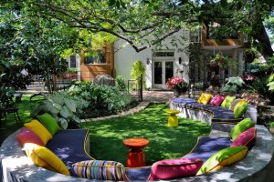 Outdoor living space with a circular garden.