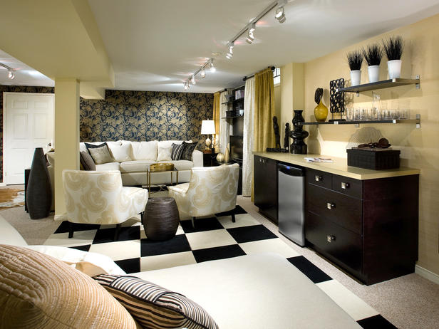 A living room with a black and white checkered floor decorated in black.