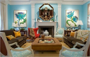 Eclectic blue living room.