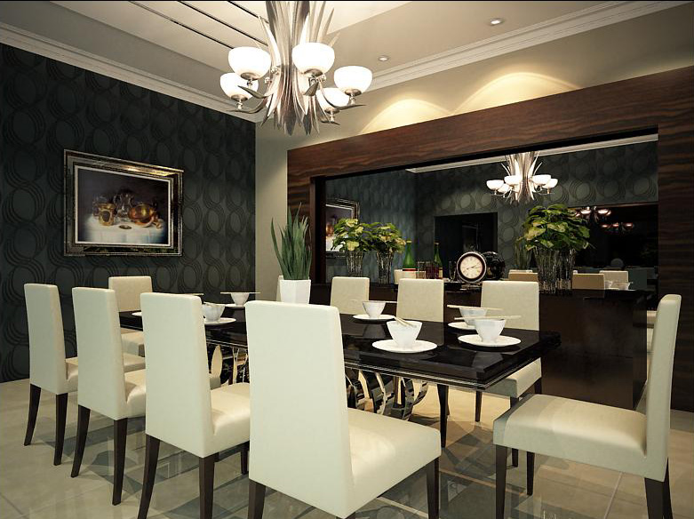 A spacious dining room with a large table and chairs, featuring an exquisite design.