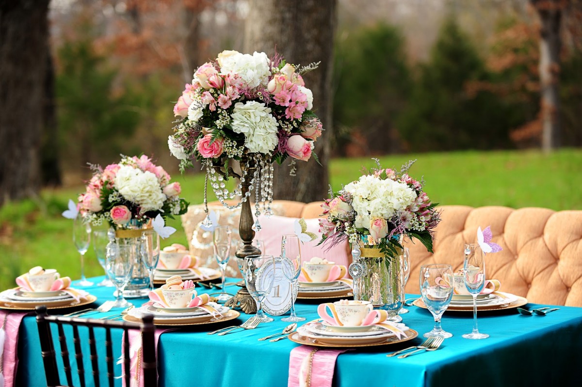 A creative table setting with flowers.