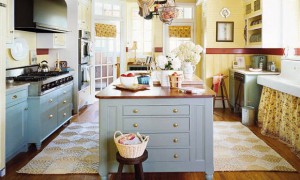 A cottage-style kitchen with yellow walls and a yellow island.