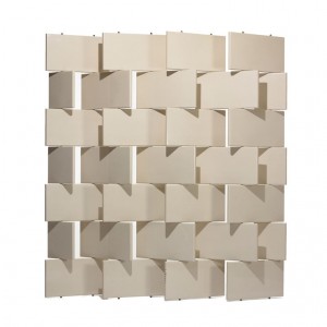 A white wall with a large number of squares resembling folding screens.