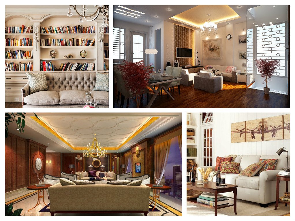 A collage of pictures showcasing the lighting in a living room.
