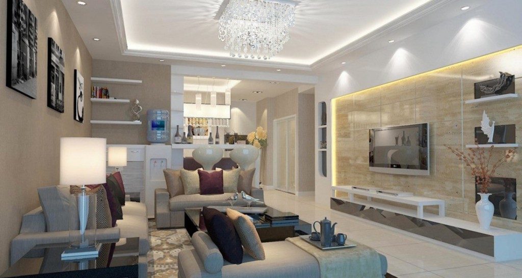 A modern living room with white furniture and lighting fixtures.