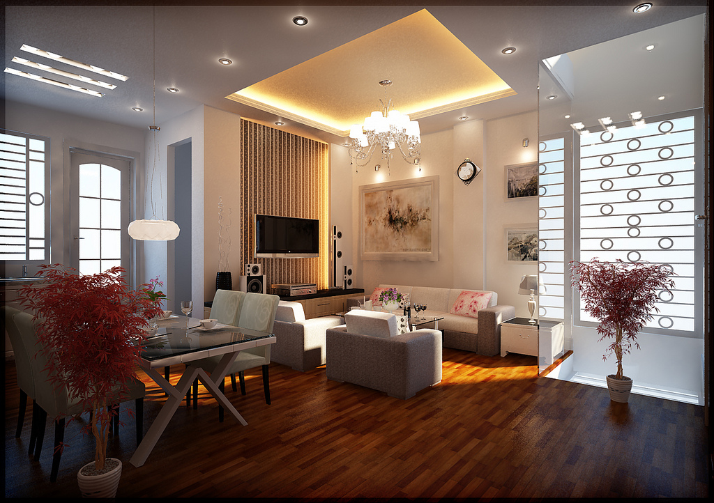 A 3D rendering of a living room with enhanced lighting.