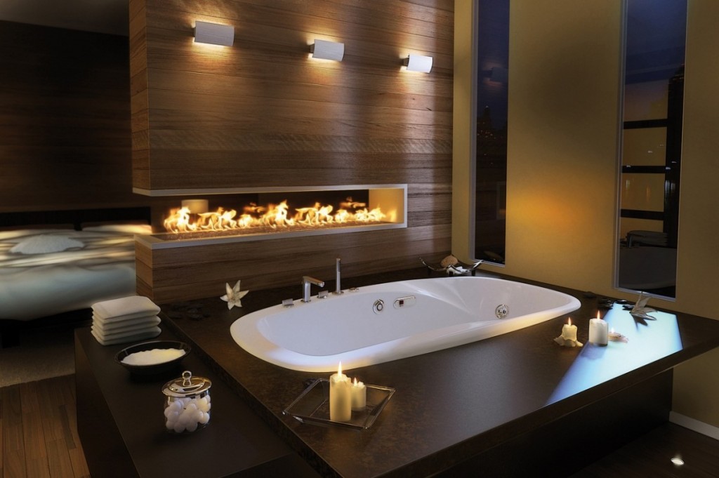 Lavish bathroom design featuring a cozy fireplace and a spacious bathtub.